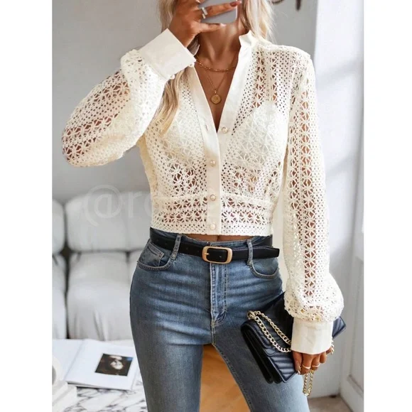 Hollow Out Knit Crochet Guipure Crop Shirt Long Sleeve Button Up Front - Picture 3 of 12